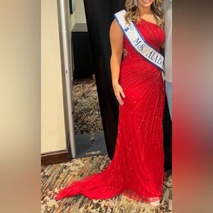 Red Beaded One-Shoulder Pageant Prom Evening Gown